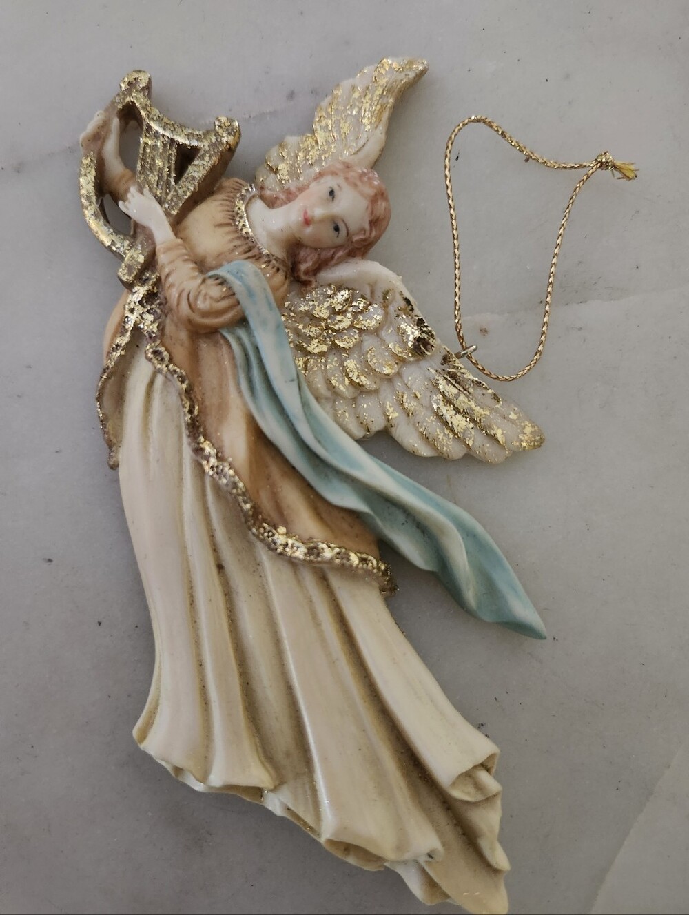 Decorative Resin Gold-Trim Angel Ornament with Blue Sash